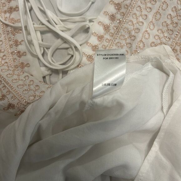 Lulus Celebration of Self Ivory Embroidered Lace-Up Shift Dress Boho Size Medium - Picture 12 of 13